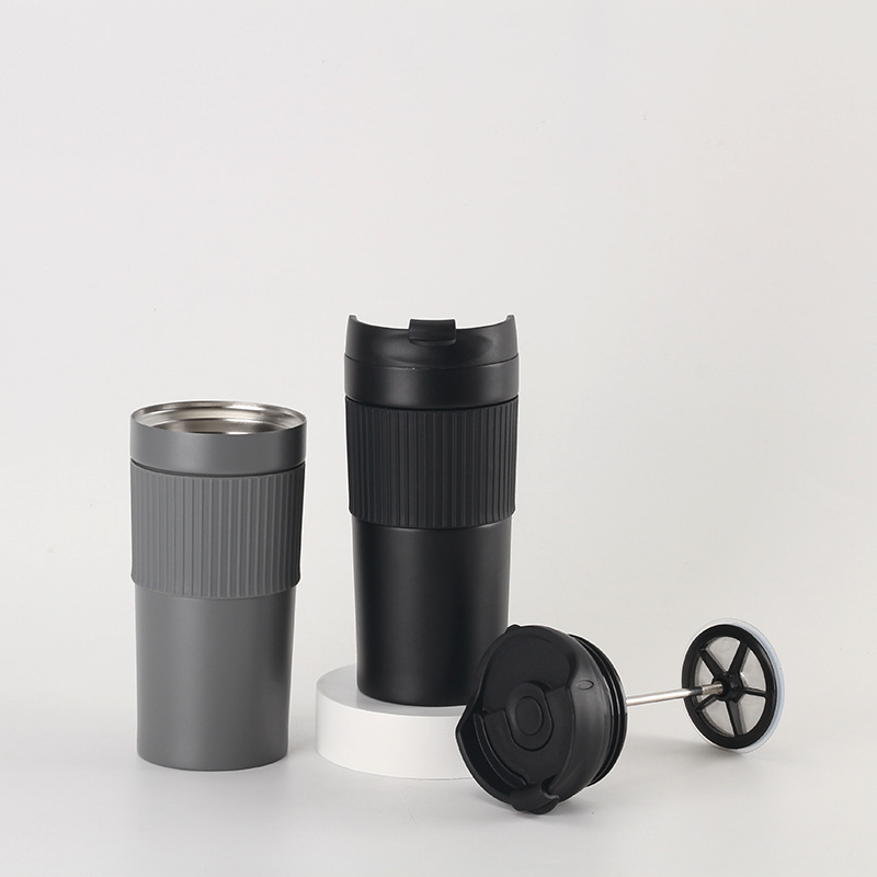 New cross-border silicone sleeve stainless steel coffee cup, double-layer stainless steel insulated cup with press rod and filter screen details Picture