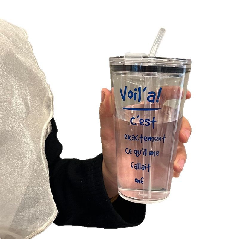 Korean version of ins minimalist letter water cup with lid, minimalist style, suitable for both men and women, school and office plastic cup Item Picture