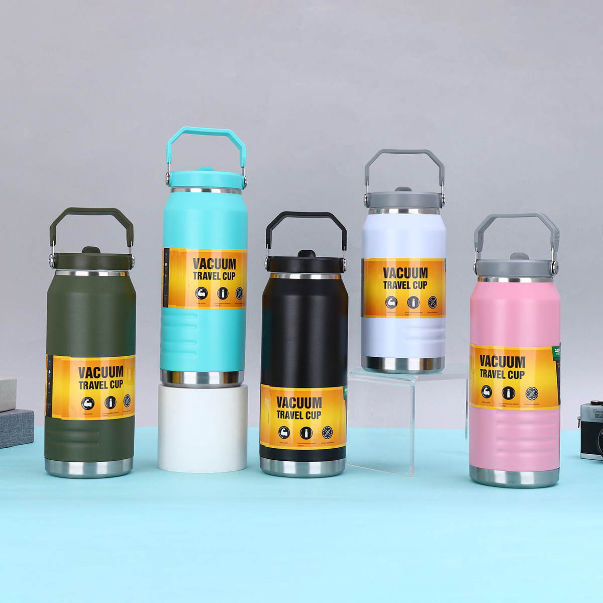 New cross-border stainless steel insulated cup, large ice bucket, outdoor portable sports water bottle, large-capacity straw travel water bottle details Picture