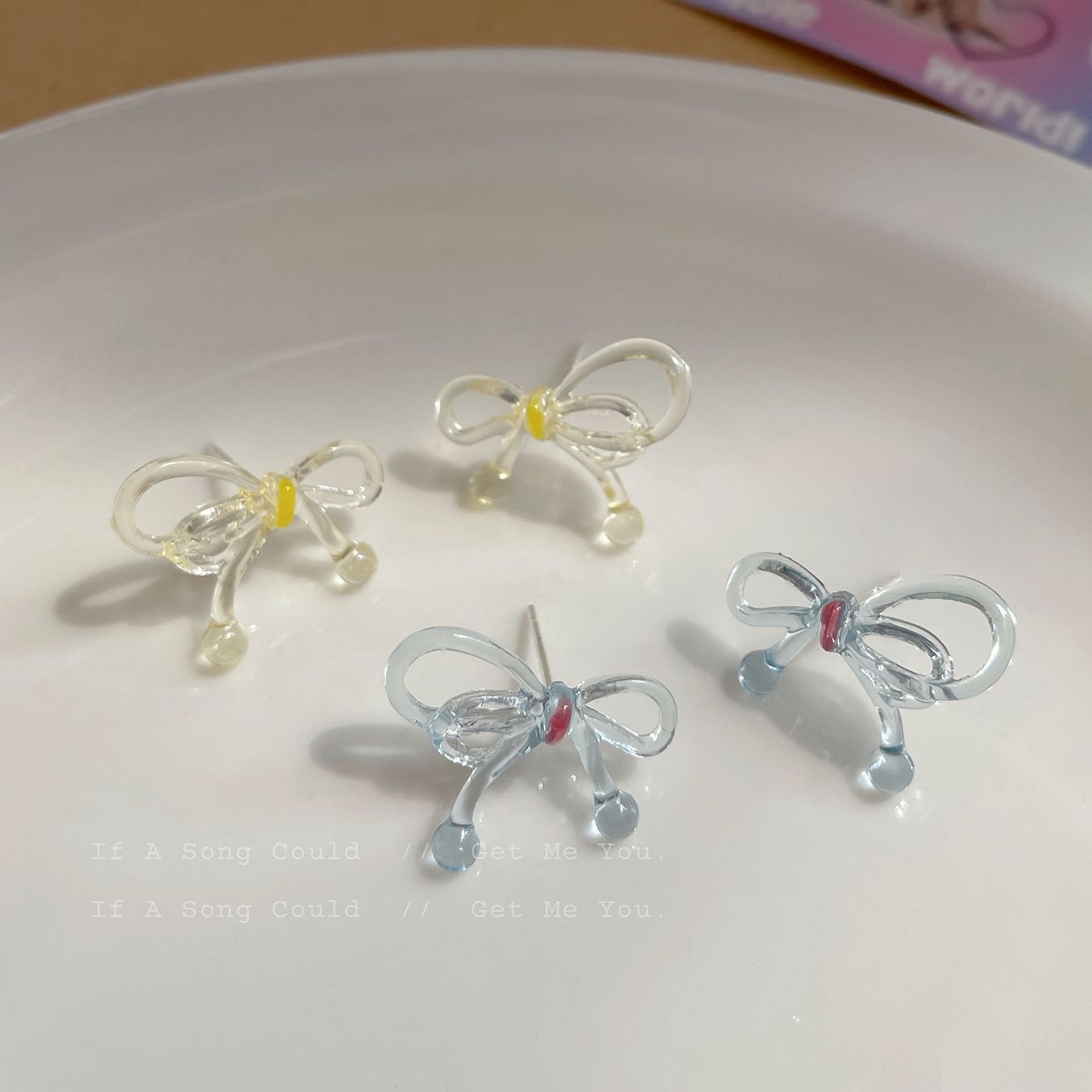 Korean summer acrylic transparent color-blocking bow earrings 925 silver needle new sweet and fresh girl stud earrings full figure