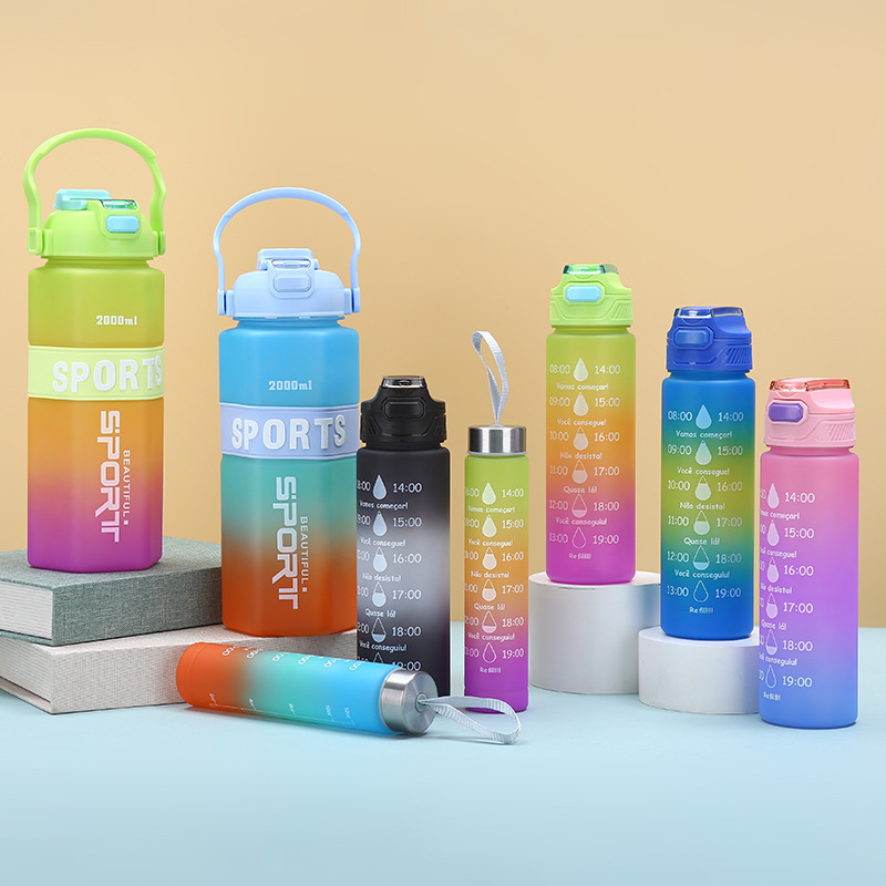 Cross-border gradient color hexagonal plastic cup three-piece set, outdoor convenient sports water bottle, large-capacity cup with straw and big belly details Picture