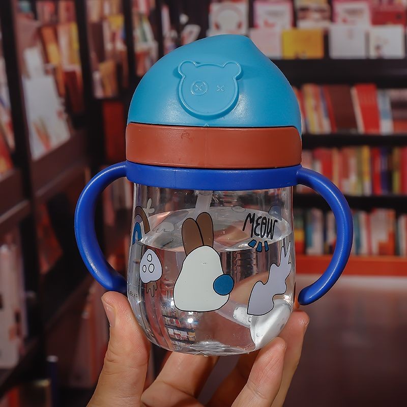 2024 New infant and toddler bite suction cup drinking Cup, cute cartoon baby anti-choking gravity ball straw cup handle Specification drawing