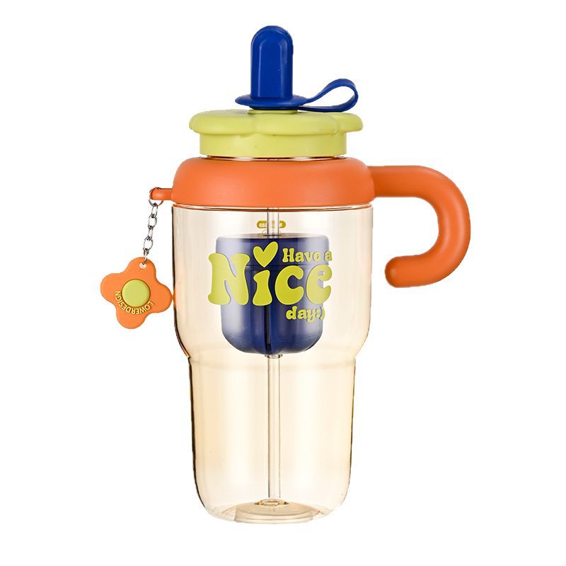 Creative ice cup, high appearance level flower water bottle, handle plastic cup, internet-famous straw cup, color-blocking water cup, portable water bottle Item Picture