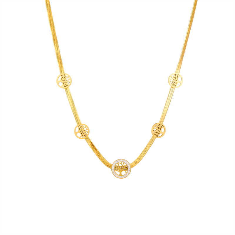 Cross-border fashion, gold-plated, retro, diamond-encrusted, hollowed-out round life tree accessory chain, stainless steel jewelry necklace Item Picture