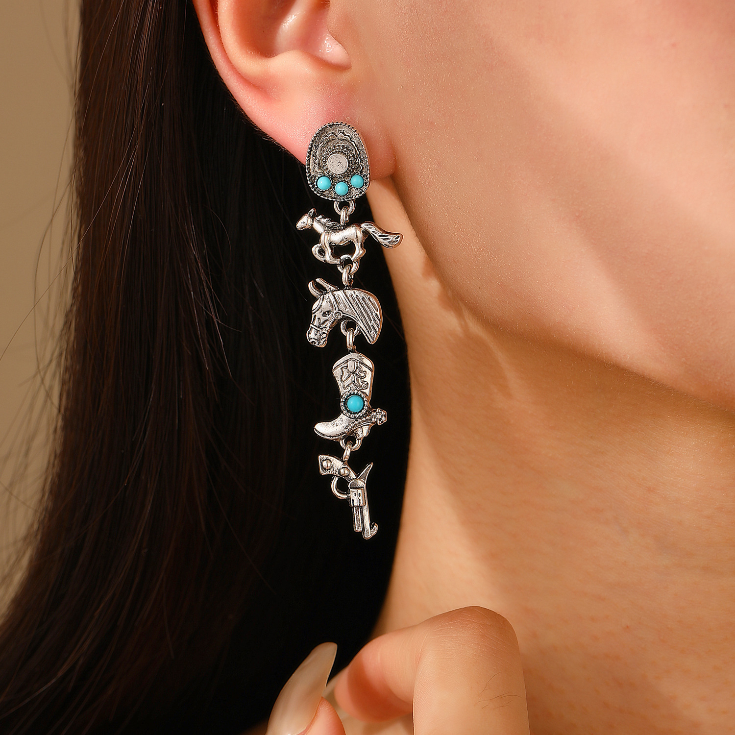 European and American retro ethnic style stud earrings, earrings, cross-border turquoise denim hats, boots, and horse alloy earrings set details Picture