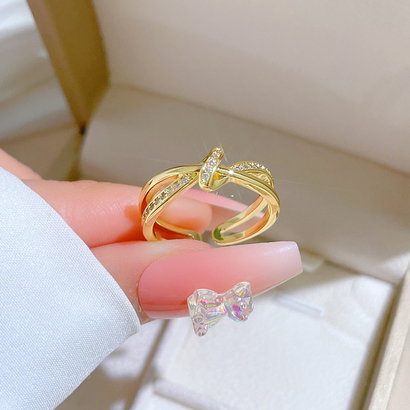 【 Real Gold 】 Cross-knotted full diamond ring with adjustable opening, simple Japanese-style bracelet, couple rings Specification drawing