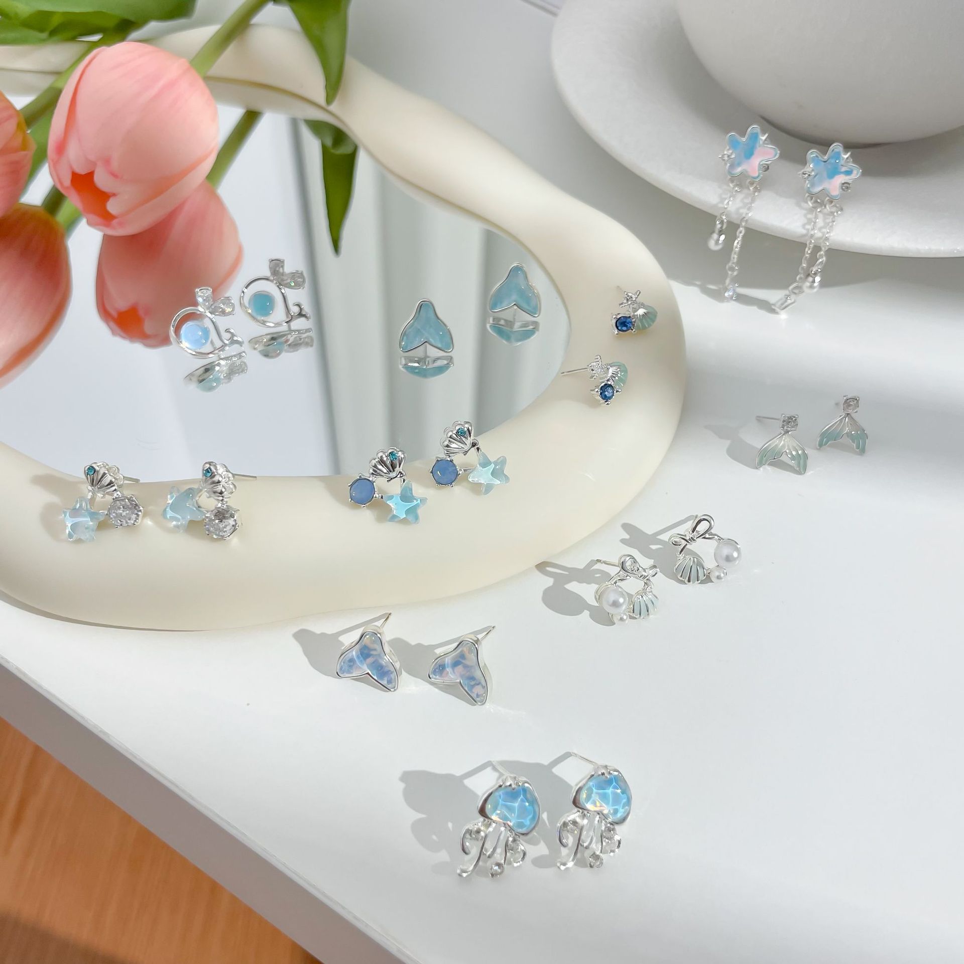 Ocean starfish long tassel earrings, women's stud earrings, niche design, gentle and fresh, sea blue summer women's earrings full figure