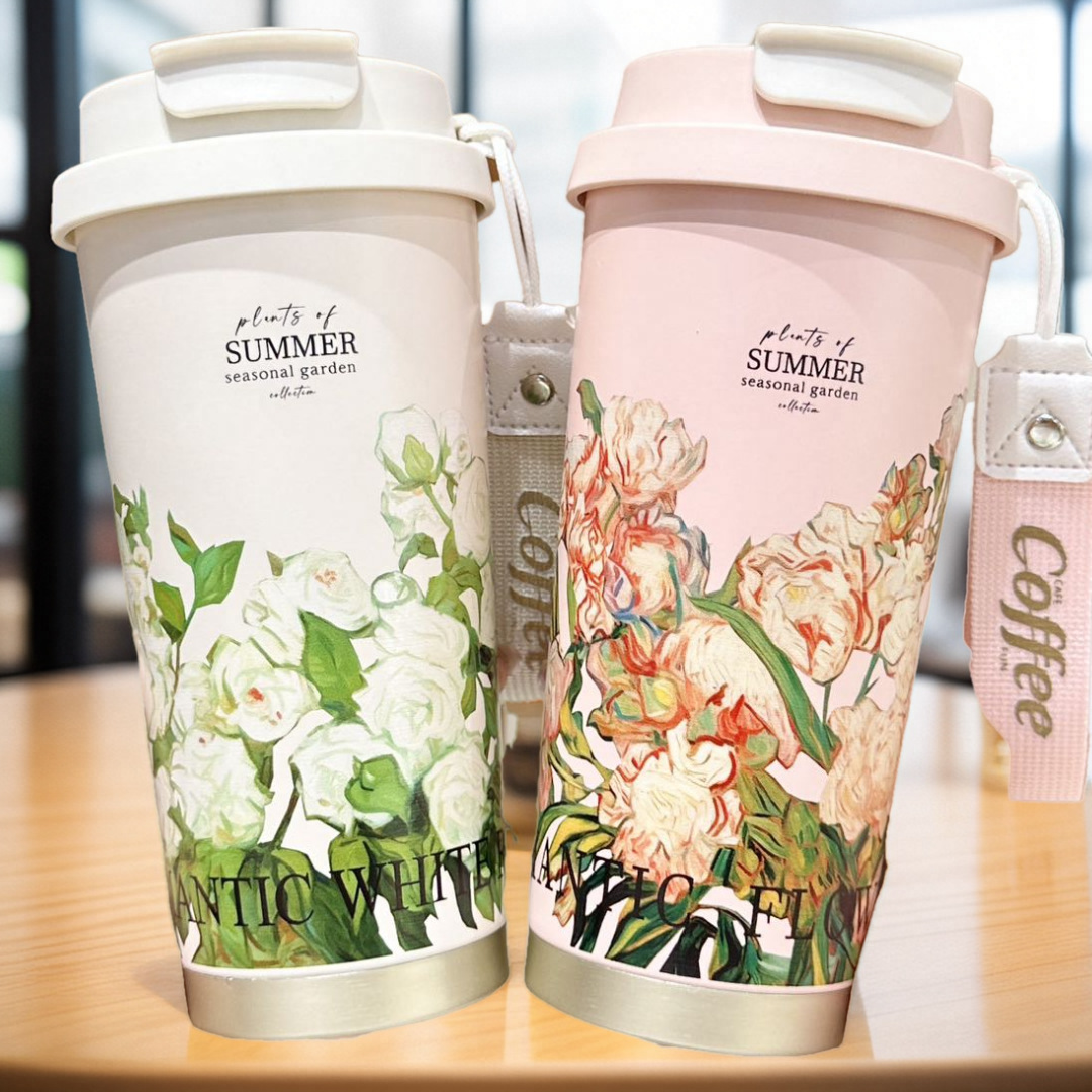 Summer Garden White Rose Insulated Cup, Double-drinking Coffee Cup, Stainless steel Straw Cup, Practical insulated cup for girls as a gift details Picture