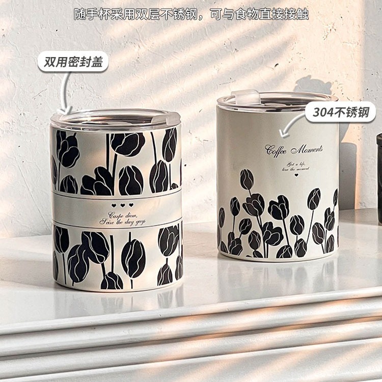 2025 New creative water cup for women on Instagram, high appearance level, niche 304 stainless steel straw coffee cup, tulip cup details Picture