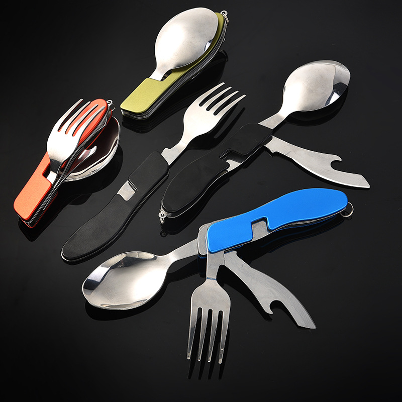 Flat camping tableware, folding knife, fork and spoon set, stainless steel tableware, knife, fork, multi-functional knife, disassemblable and assembly meal full figure