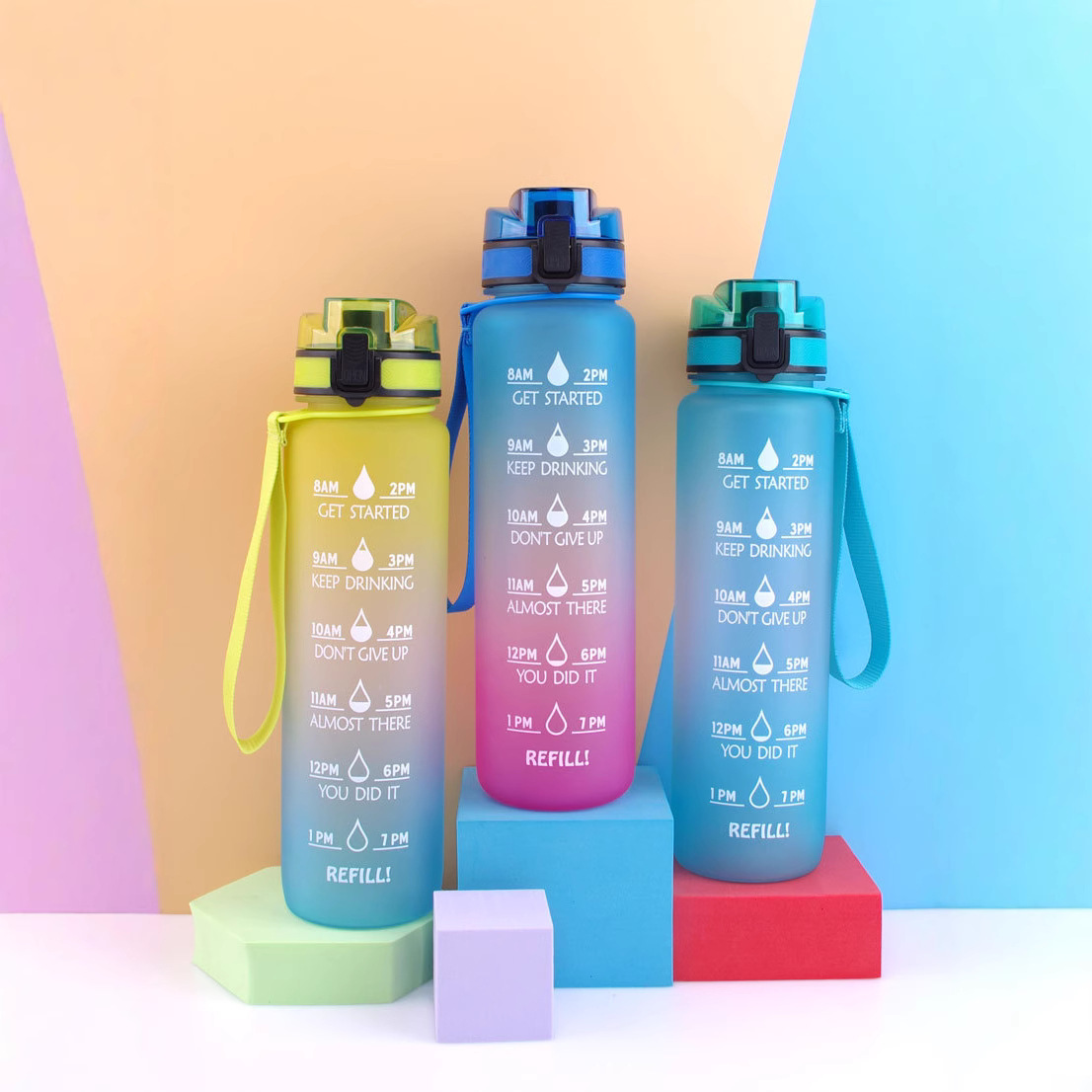 Cross-border Tritan plastic water cup, frosted gradient 1L large capacity sports water bottle, water bottle with scale, space water cup full figure