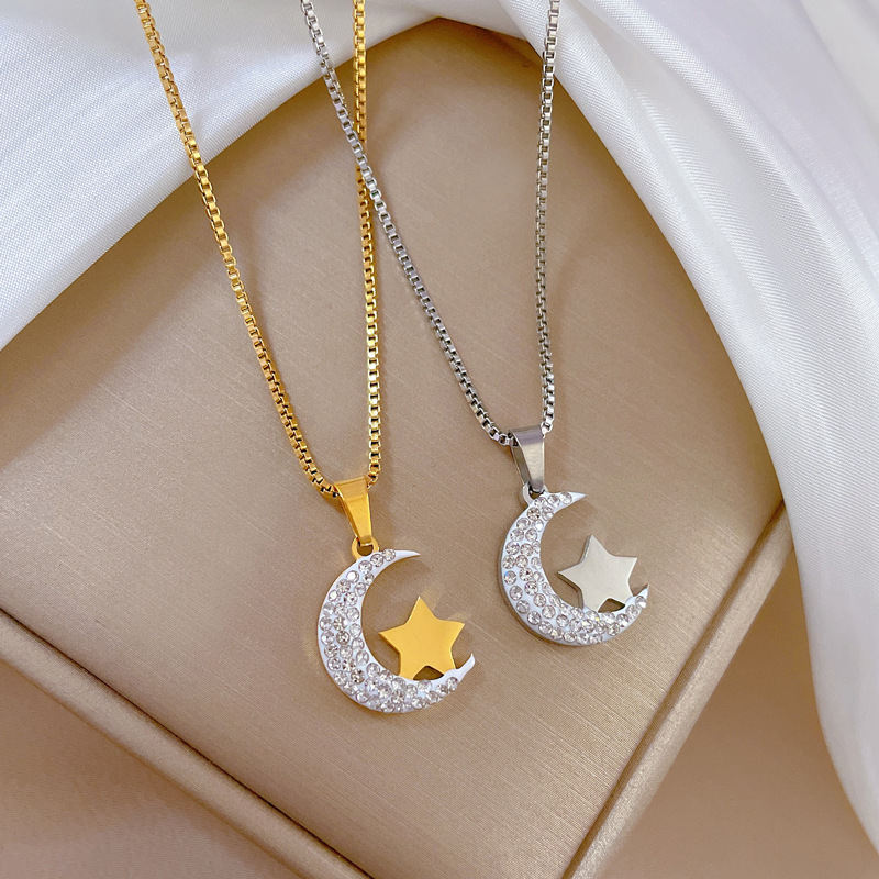 【 All-titanium Steel 】 Moon and star minimalist style, real gold necklace inside the furnace, female Instagram influencer collarbone chain Specification drawing