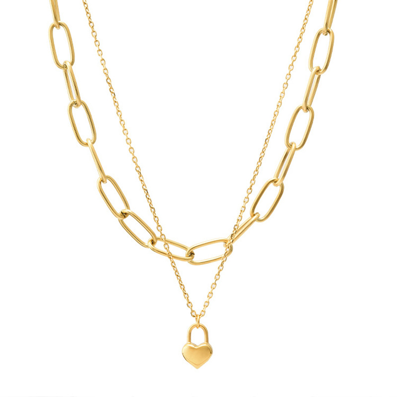 New double-layer chain heart-shaped lock pendant titanium steel metal hip-hop high-end cold style necklace from Europe and America cross-border Item Picture