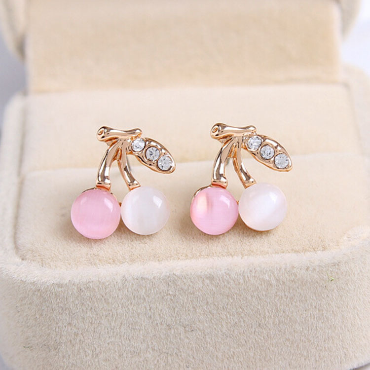 Wholesale of Korean version hot-selling eco-friendly cat's eye stone cherry ear studs and sweet diamond-encrusted fruit earrings full figure