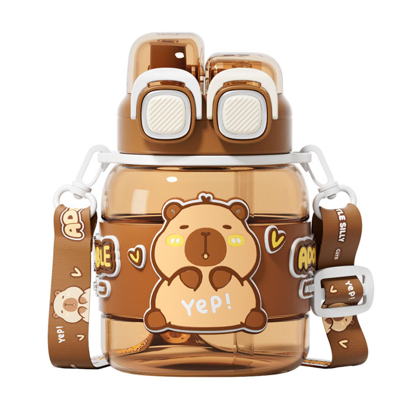High-appearure-level cartoon children's water cup, large-capacity double-spout student straw cup, summer slanting wide-belted drinking cup Item Picture