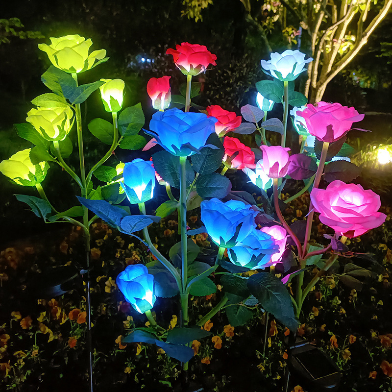 New outdoor LED simulation flower lights, garden lawn lights, Amazon ground socket lights, 5-head solar rose flower lights full figure