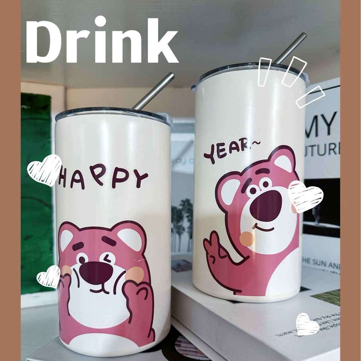 Cartoon straw cup, high school girls' appearance level ice king cup, cute bear 304 stainless steel insulated cup, iced Americano coffee cup Specification drawing