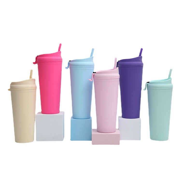 The manufacturer's new cross-border double-layer plastic straw cup, portable flip lid, large-capacity outdoor frosted portable cup Item Picture
