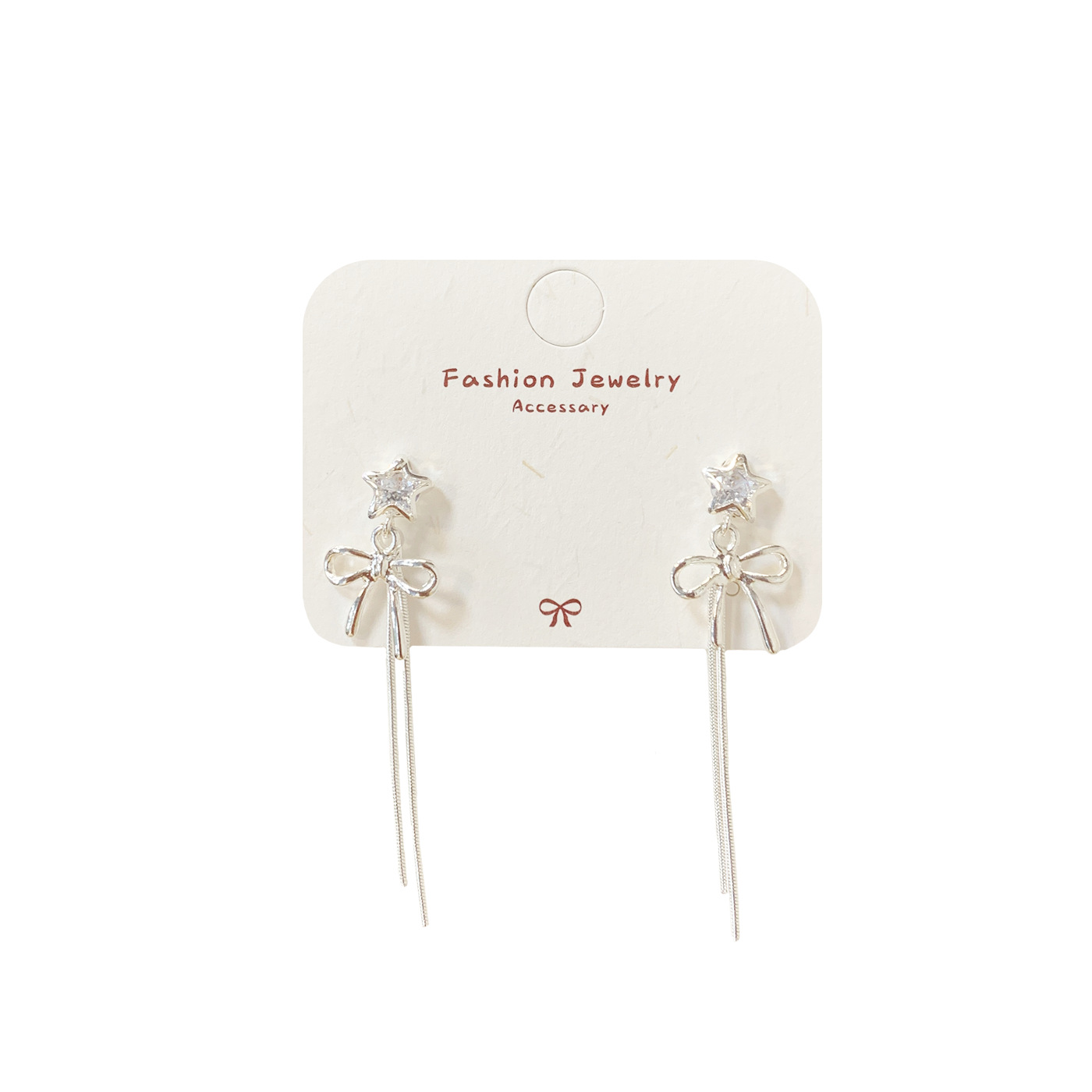 Fashionable and simple plain silver bow long tassel earrings, silver needle stars for women, sweet and girlish, face-slimming earrings Item Picture