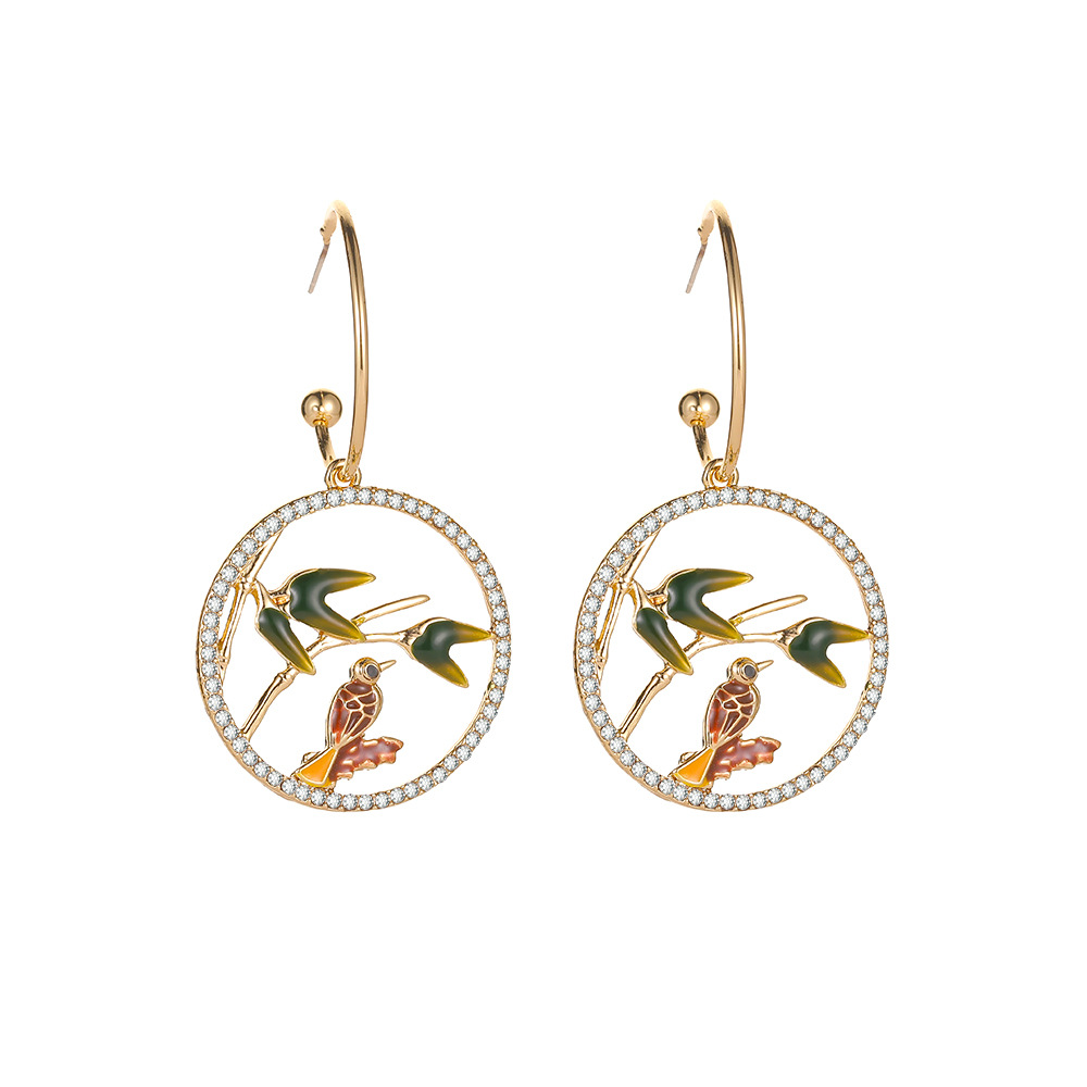 Retro Chinese-style alloy diamond-encrusted branches, little birds, high-end new Chinese-style round earrings, simple women's earrings and earrings Item Picture