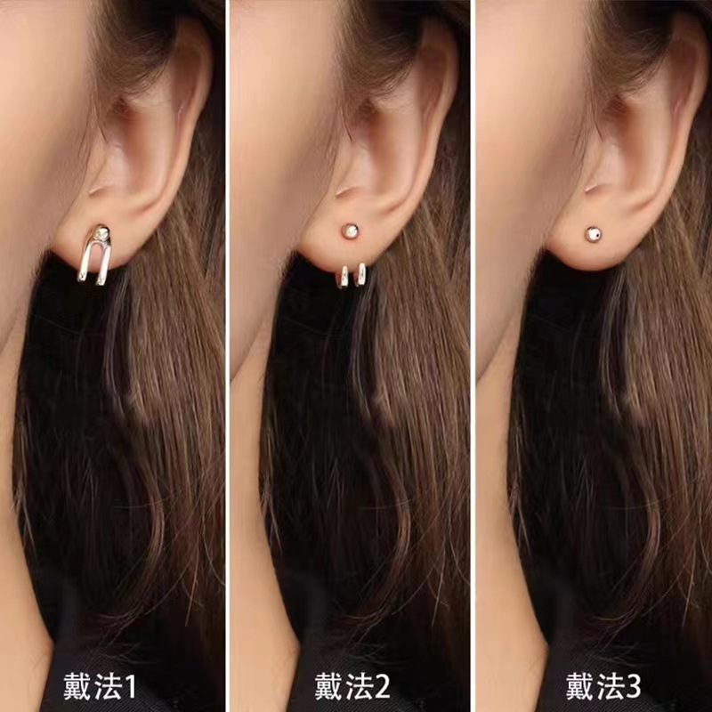 Cross-border European and American dual-line back-hanging ear studs for both men and women, InS-style, niche and simple C-shaped ear hooks, trendy earrings details Picture