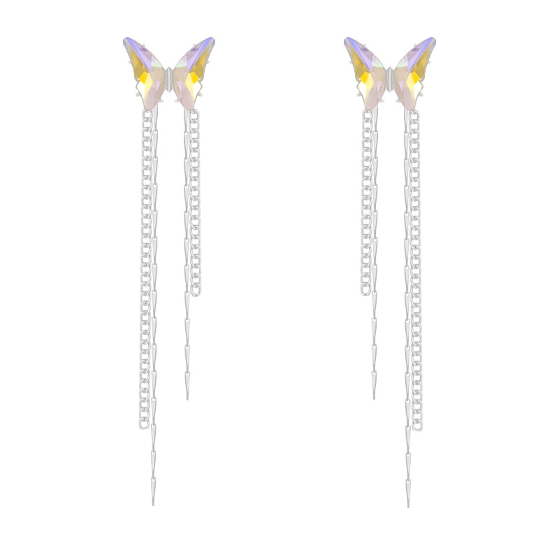 Fashionable and ethereal colorful crystal butterfly long tassel ear clips, no holes, high-end, niche and light luxury style earrings for women Item Picture