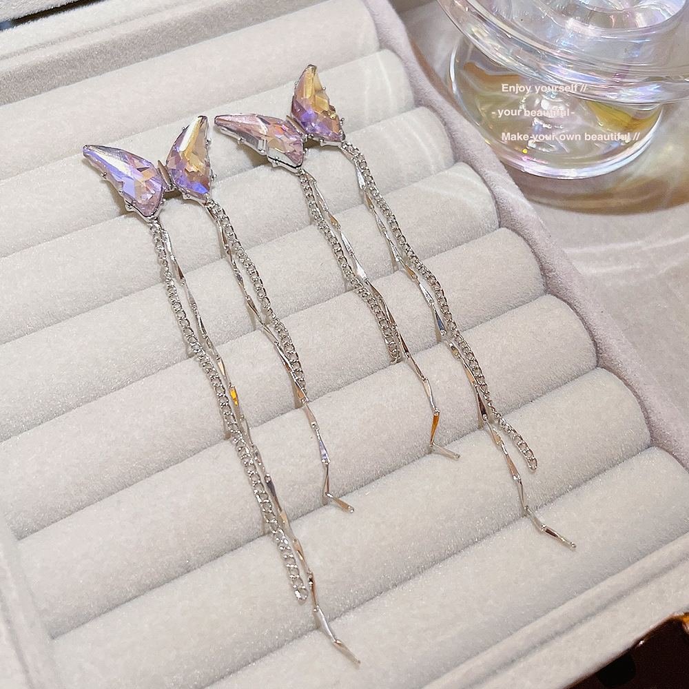 Fashionable and ethereal colorful crystal butterfly long tassel ear clips, no holes, high-end, niche and light luxury style earrings for women Specification drawing