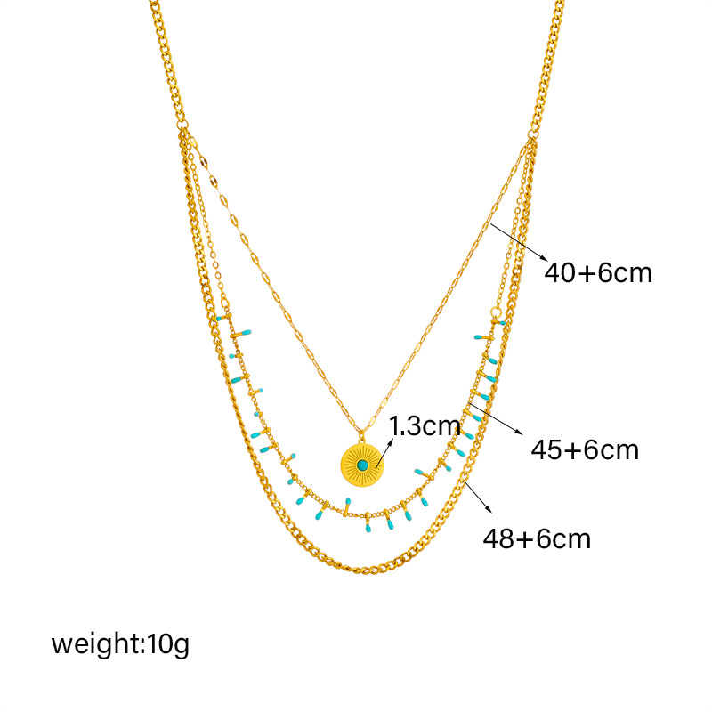European and American fashion, retro, high-end ethnic style, multi-layer layered blue turquoise round pendant, metal jewelry, titanium steel necklace Application Scenario