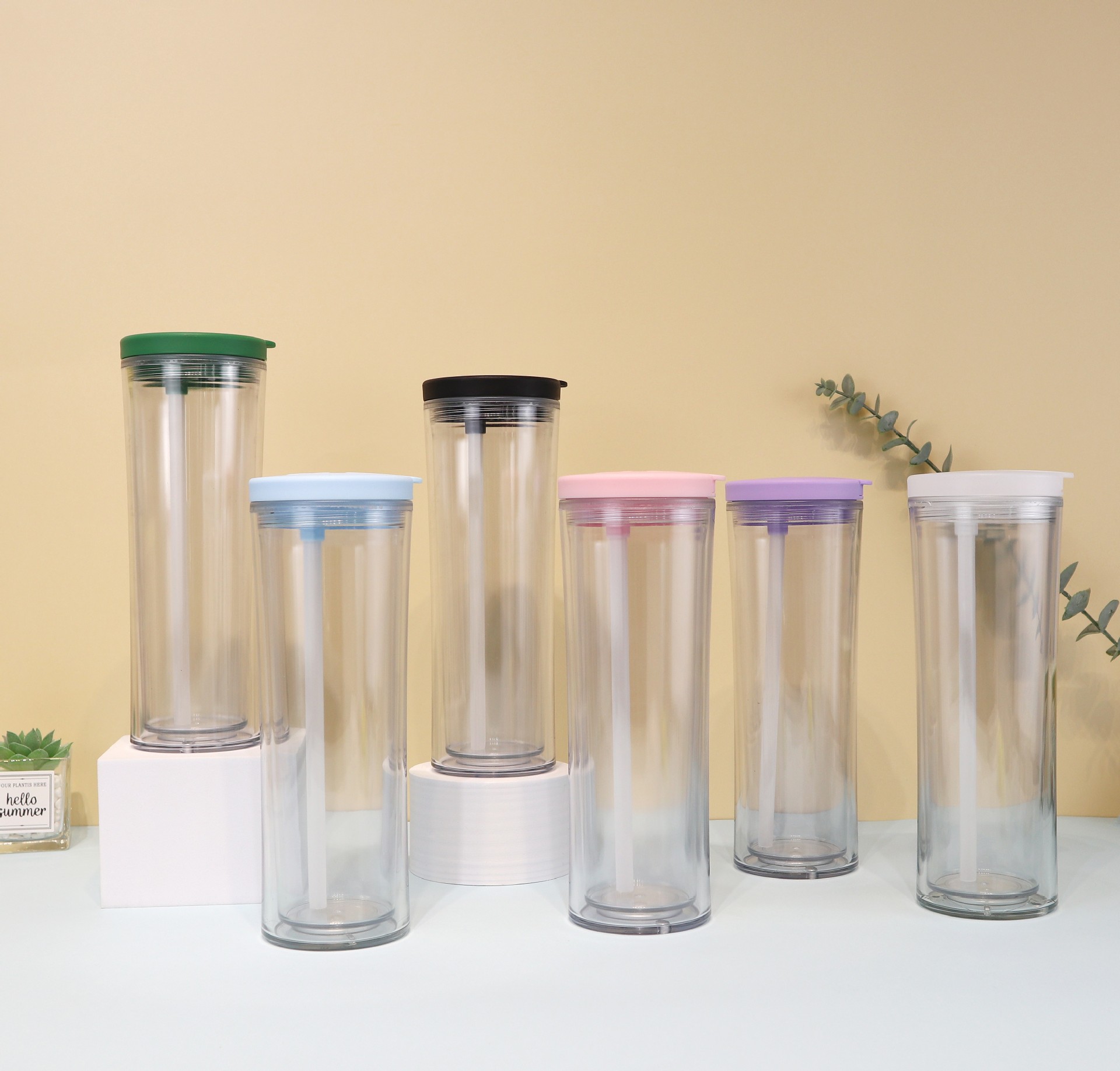 New simple indoor household drinking cup, double-layer insulated straw cup, straight screw cap water cup 710ml wholesale full figure