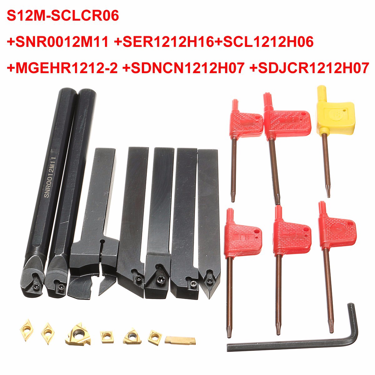 A 7-piece 12mm turning tool set, consisting of 7 tool holders and 7 inserts full figure
