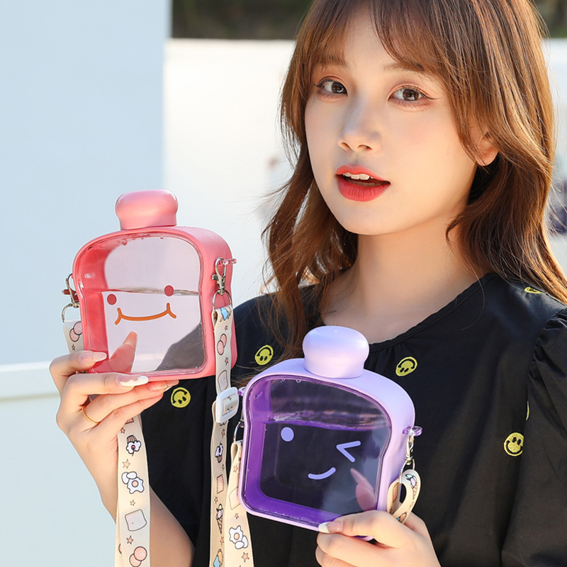 Creative bread and toast plastic cup, convenient crossbody strap, outdoor leisure travel water cup, Korean-style student gift cup full figure