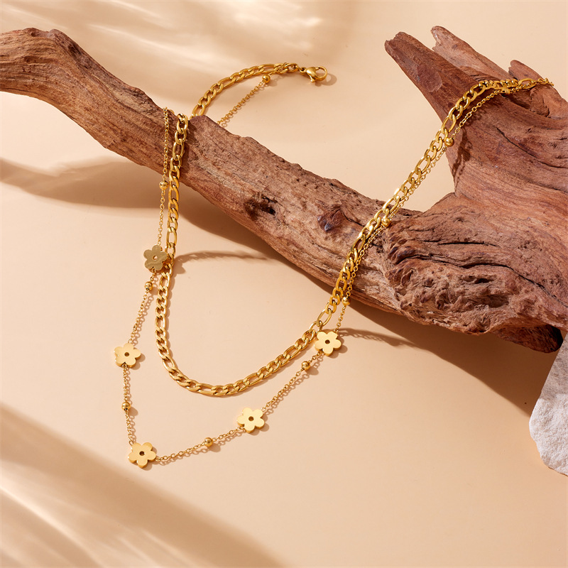 Korean-style fashionable and niche design, gold-plated stainless steel smooth floral accessory chain, double-layered necklace Specification drawing