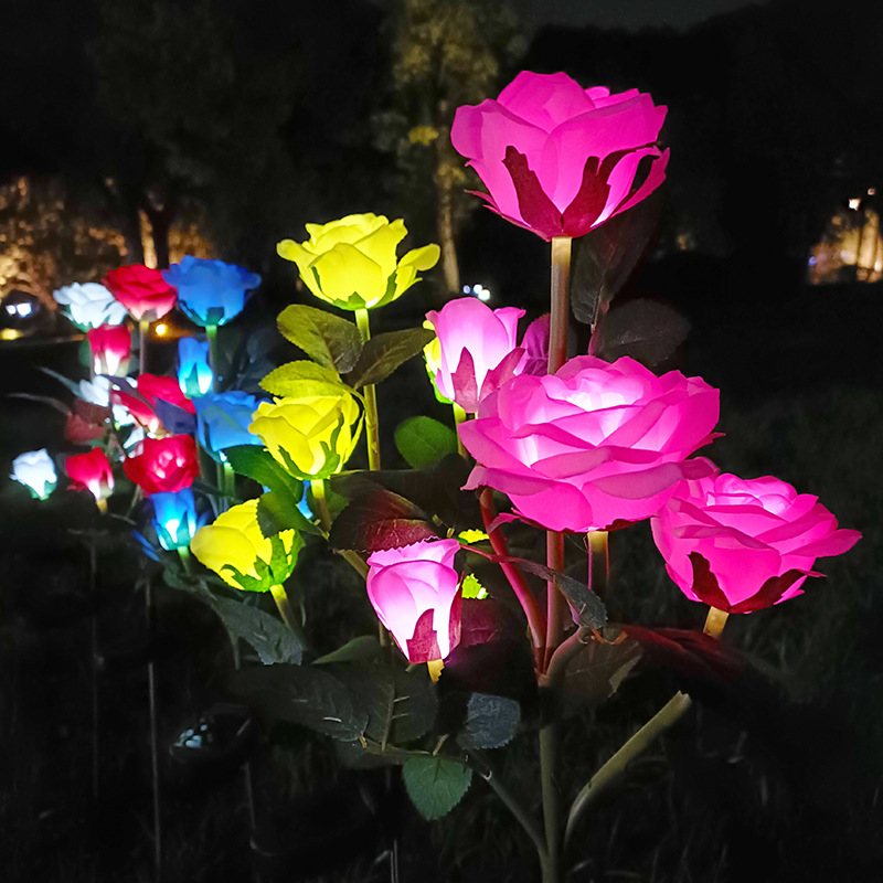 New outdoor LED simulation flower lights, garden lawn lights, Amazon ground socket lights, 5-head solar rose flower lights Application Scenario