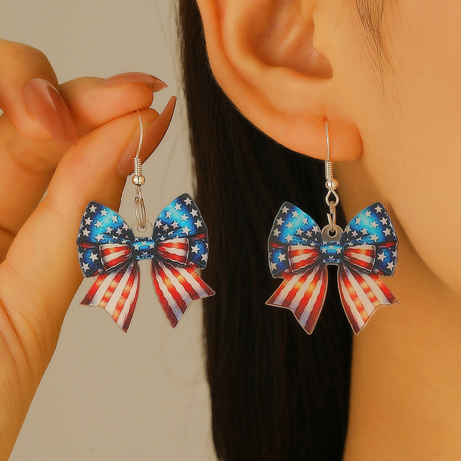Cross-border acrylic earrings, American flag bow, red, white and blue patriotic Independence Day women's earrings and earrings decoration full figure