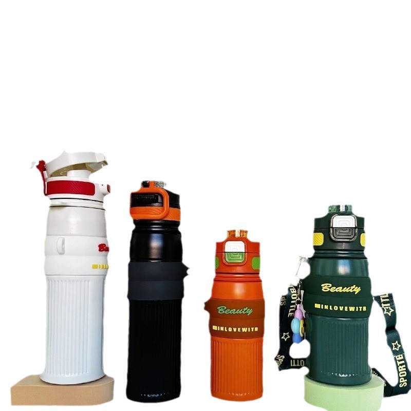 High appearance level 3D pendant, large-capacity water bottle, double-spout insulated water cup, outdoor straw, shoulder strap, handle, sports water bottle Item Picture