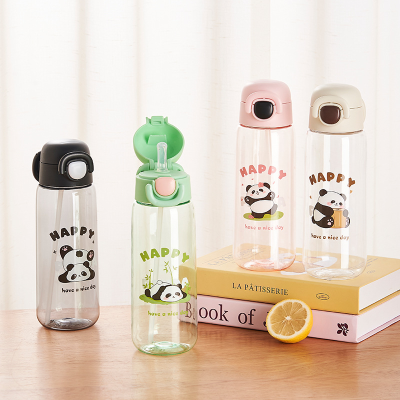 Wholesale of Fuxing's new Panda plastic cups, portable cups, cute cartoon plastic straw cups and children's portable cups full figure