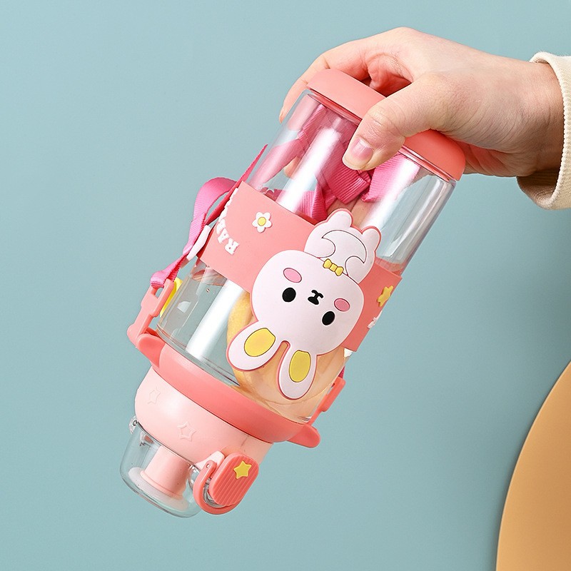 Children's plastic straw direct drinking water cup, summer primary school sports water bottle, cute portable anti-drop cup for girls' kindergarten details Picture