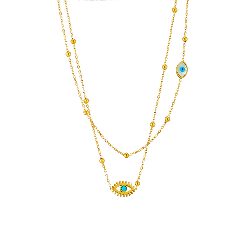 A double-layer mixed chain necklace with gold beads, titanium steel, oil-dripping and hollowed-out blue eyes, featuring a niche and fashionable design from Europe and America Item Picture