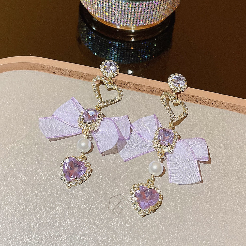 Korean-style long, exquisite heart-shaped bow tassel earrings, nightclub socialite style, light luxury design sense earrings for women details Picture