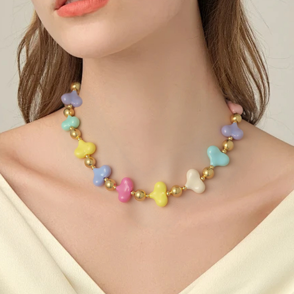Cross-border cute candy-colored beaded flower necklace bracelet two-piece set, dopamine-colored heart-shaped collarbone chain for women details Picture