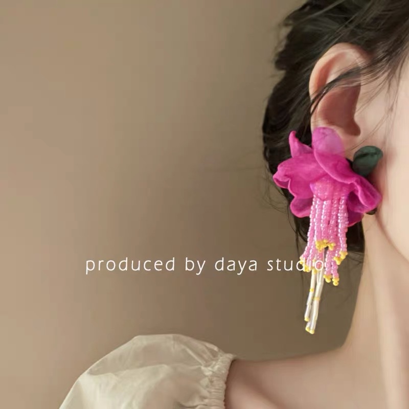 Pink tulle flower earrings for women, 2025 new long tassel style, elegant stud earrings, internet-famous high-end earrings, summer details Picture