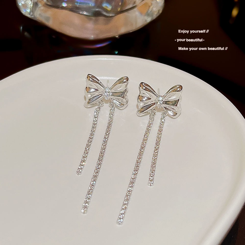 S925 silver needle, simple and elegant, versatile, bow long earrings, tassel, high-end, light luxury, cold style earrings for women Specification drawing
