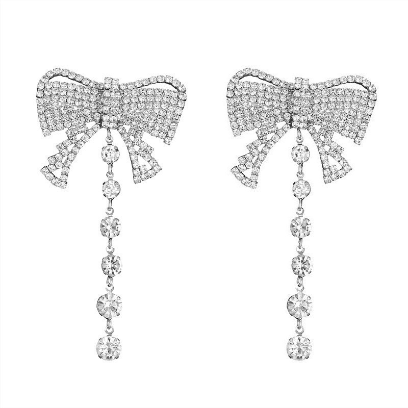 European and American style, exaggerated bow earrings, tassels, high-end feel, super dazzling, full of diamonds, light luxury earrings for socialites wholesale Item Picture