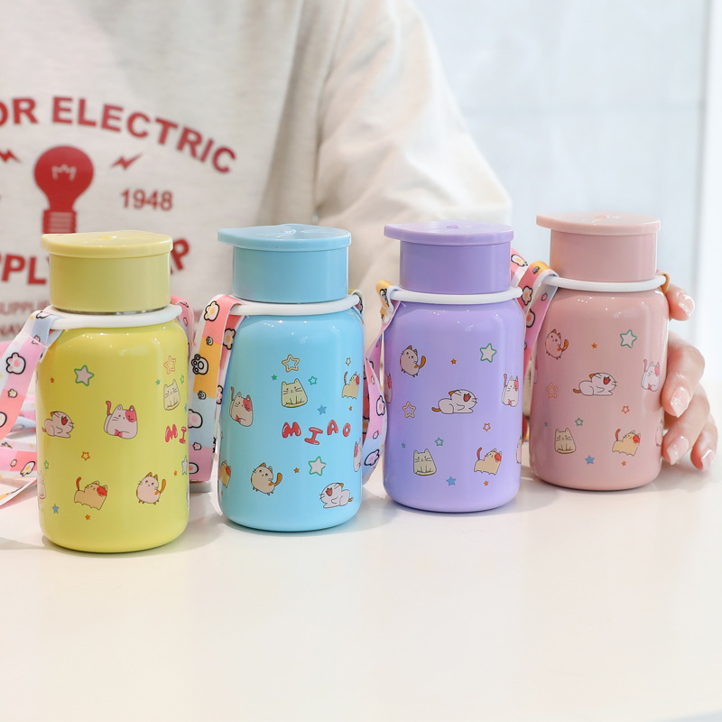 High appearance level cartoon cute cat, 304 stainless steel insulated cup, crossbody strap, mini water cup, 180ml for students full figure