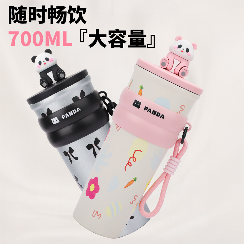 Creative water cup, straw, insulated cup, high appearance level, large capacity, Panda travel cup, 304 stainless steel portable cartoon details Picture