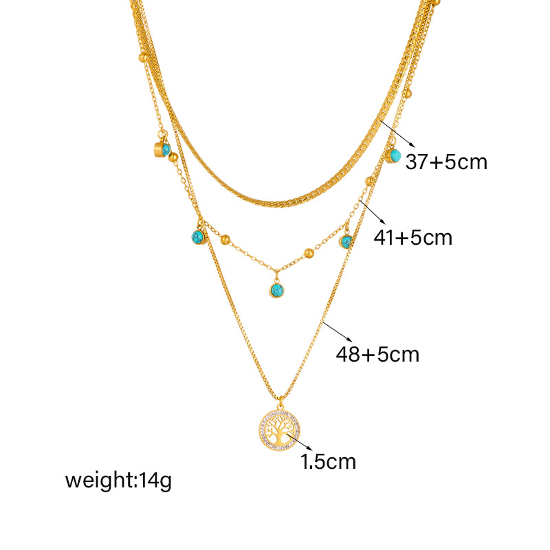 Fashionable and elegant, simple design sense, multi-layer overlapping collarbone chain, life tree, turquoise pendant, titanium steel necklace Application Scenario