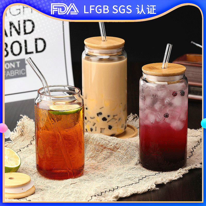 Creative high-temperature resistant lid straw cup, high borosilicate heat-resistant glass cup, high appearance level milk tea, coffee and cola cup full figure