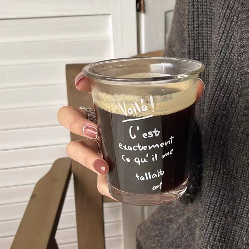 French letter-printed glass cups, iced Americano coffee cups, transparent ins style household women's drinking cups, latte cups full figure