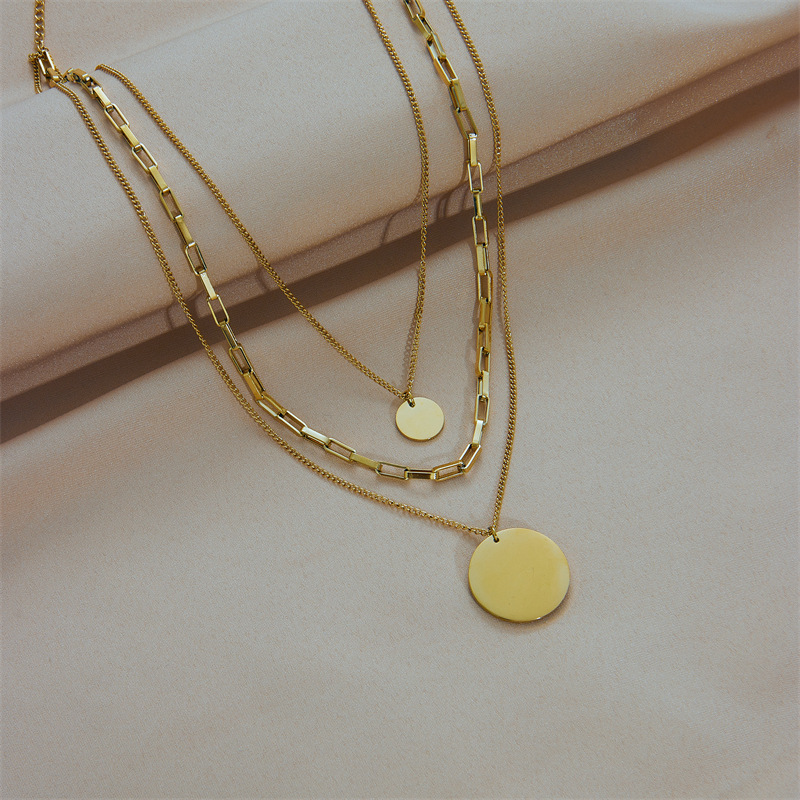 European and American cross-border fashion, versatile, simple and elegant, cold style titanium steel multi-layer round pendant chain necklace details Picture