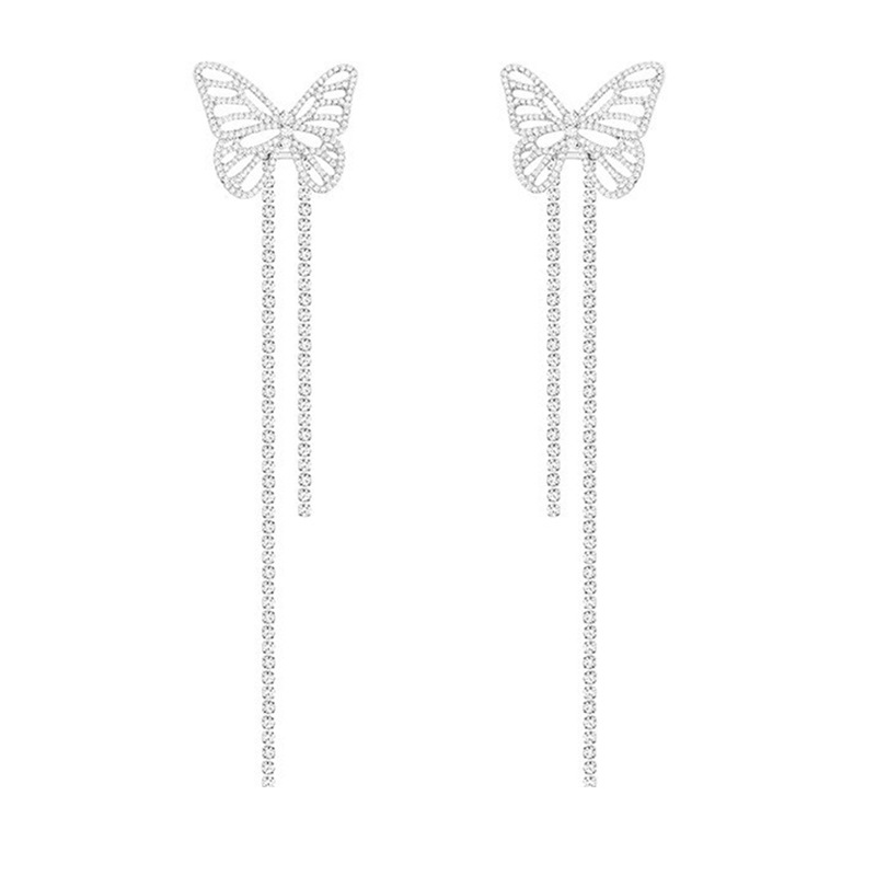 A pair of long, cold and elegant earrings with exaggerated and dazzling European and American style, featuring full diamonds and butterfly tassels Item Picture